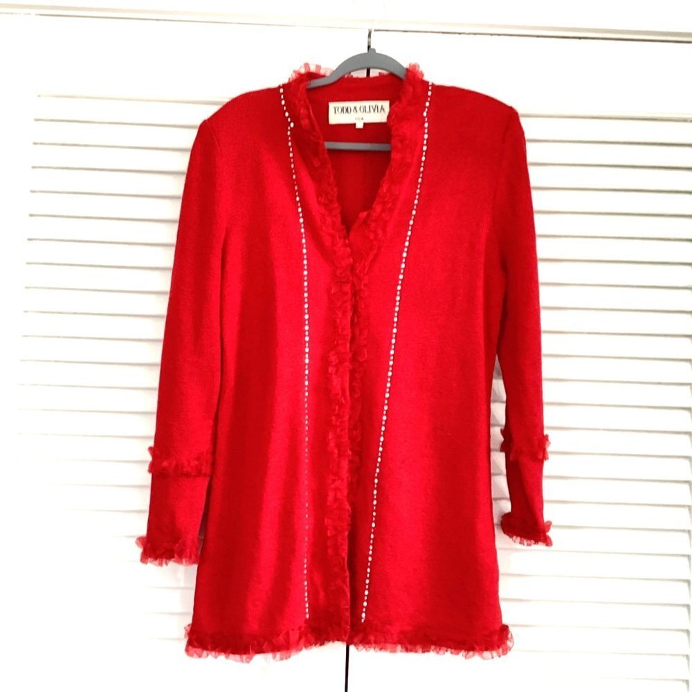 Todd & Olivia Knit red Ruffled cardigan rhinestone details Size 8